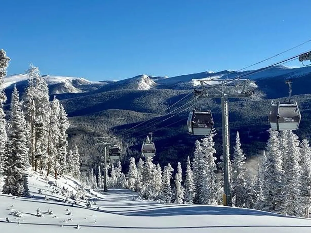 A sweeping winter scene featuring gondolas gliding above snow-covered trees, with a dramatic mountain range in the background. Skiers and snowboarders dot the landscape, highlighting the area's premier winter sports offerings.