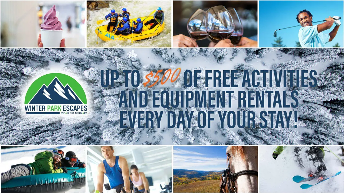 A vibrant collage of adventure activities, including white water rafting, skiing, horseback riding, golfing, and savoring local treats. The image conveys the dynamic variety of experiences available throughout the year.