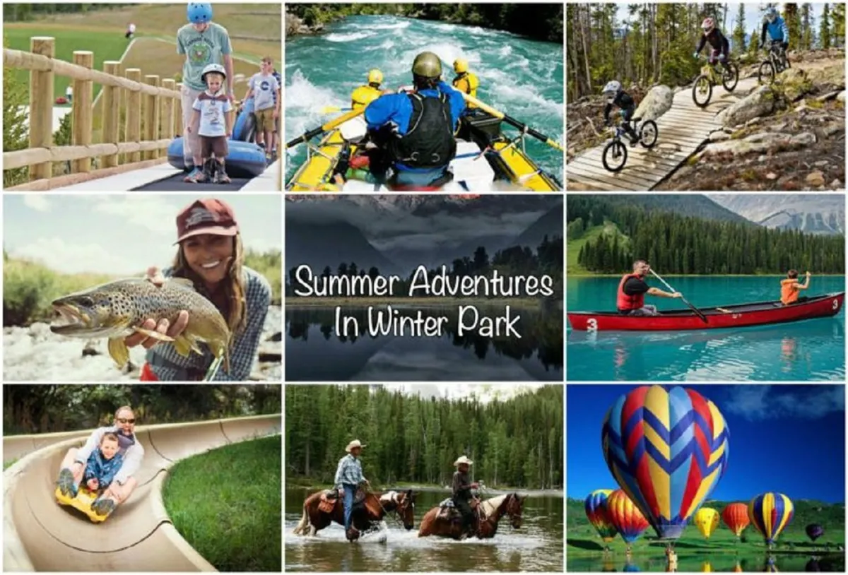 A lively outdoor scene featuring families engaged in various activities—rafting, biking, fishing, and even hot air ballooning—with scenic lakes and forests in the backdrop. The image is colorful and dynamic, capturing the joy of shared adventure and the diversity of outdoor recreation available nearby.