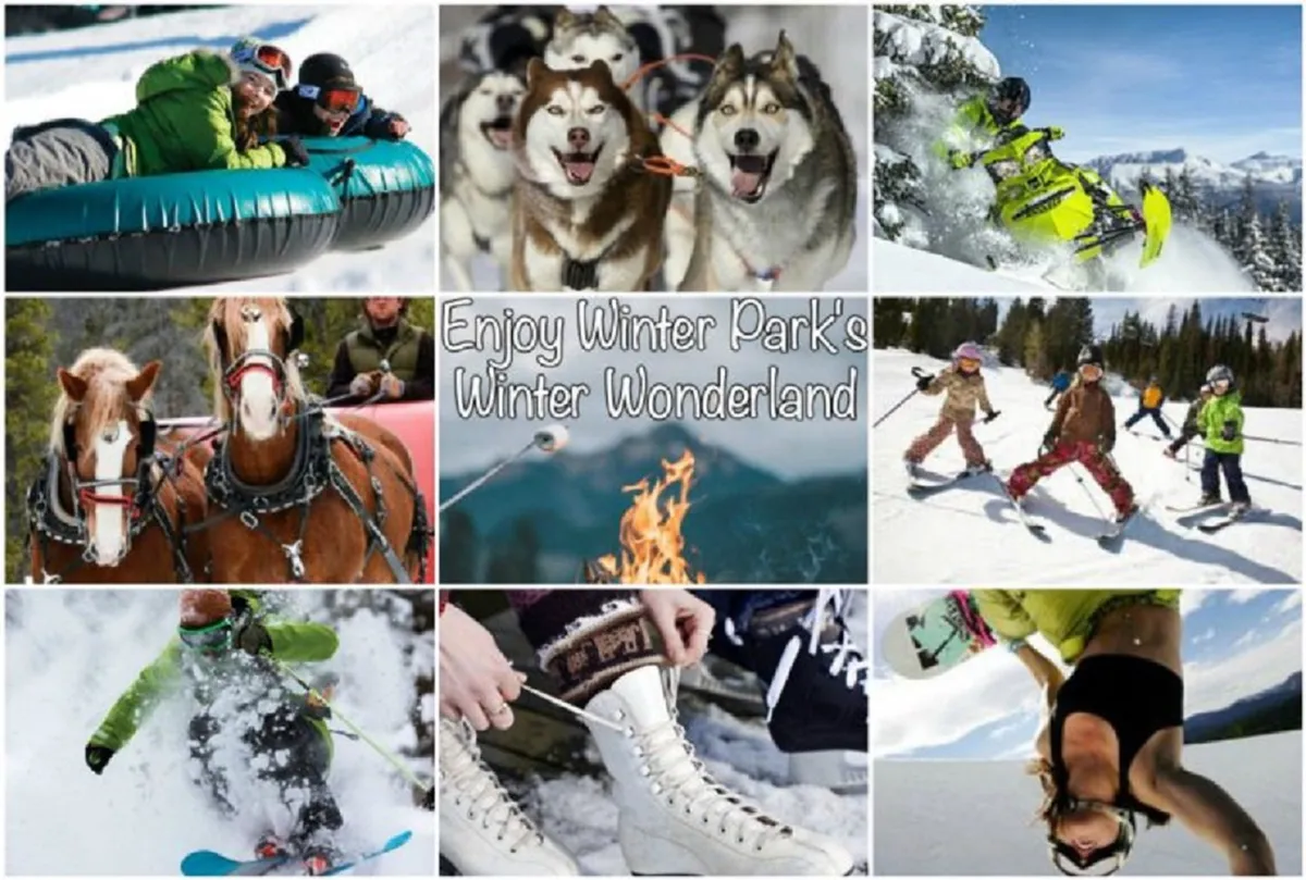 An energetic winter scene showing people tubing, dog sledding, riding snowmobiles, skiing, snowboarding, and warming up by a fire, all set against a snowy backdrop. The image exudes excitement and joy.