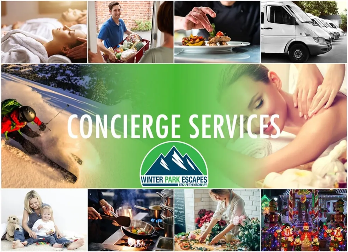 A collage-style interior image displaying concierge services, including skiing imagery, spa treatments, family cooking, and festive decorations. It conveys a sense of luxury, personalized experiences, and varied activities available to guests.